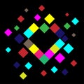 red heart among multicolored squares on a black gradient square background.